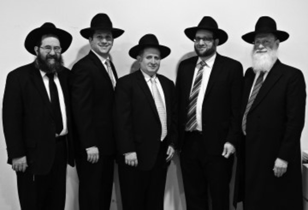 (left to right) Rabbi Yosef Lipson, Mr. Aron Pfeffer, Mr. Shammai Weiner,  Mr. Yirmiyahu Zoberman, Rabbi Eliezer Gibber /Eliana Bresler